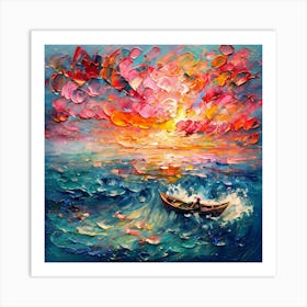 Dreamlike Seascape With Boat Under Blazing, Colorful Sky Art Print