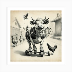 Cow On Skateboard Art Print