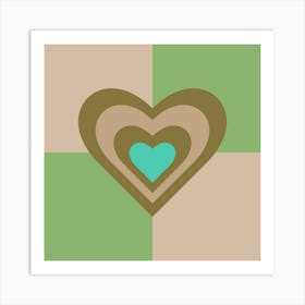 LOVE HEARTS CHECKERBOARD Single Retro Alt Valentines in Olive Sand Turquoise on Cream Green Geometric Grid Art Print