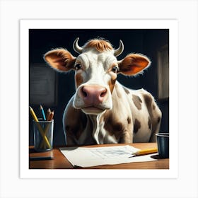 Cow At The Desk 2 Art Print