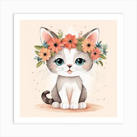 Floral Baby Cat Nursery Illustration (3) Art Print