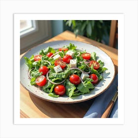 Watercolor Portrayal Of A Fresh And Vibrant Greek Salad On A Cozy Dining Table Art Print