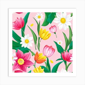 Cartoon Style Digital Painting Of An Isolated Spring Bouquet Featuring Blooming Tulips Roses And D Art Print