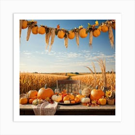 Autumnal Harvest Scene Capturing A Gourd Squash And Pumpkin Amongst A Field Of Corn Under A Cornfl (5) Art Print