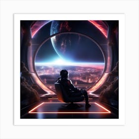 The Image Depicts A Futuristic Space Scene With A Man Sitting On A Couch In Front Of A Large Window That Offers A Breathtaking View Of The Galaxy 3 Art Print
