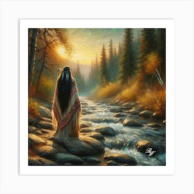 Oil Texture Native American Woman By Stream 4 Art Print