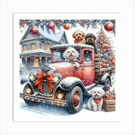 Farmtruck And Dog Pets Snowy Christmas Art Print