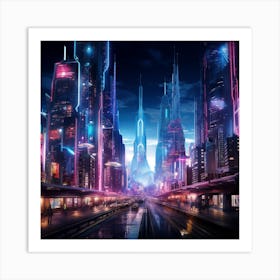 The Metropolis Of Tomorrow Neon Lit Skyscrapers Art Print