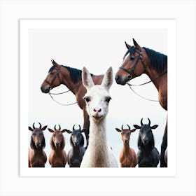 Llamas And Horses Art Print