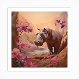 Hippopotamus 1 Pink Jungle Animal Portrait Art Print