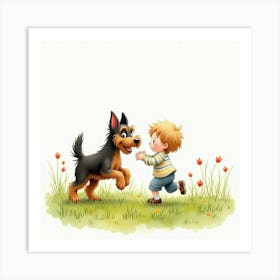 Watercolor Image Of A Scottish Terrier And Child Playing In A Meadow Art Print