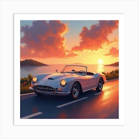 Luxury Roadster Against A Stunning Sunset, Watercolor Painting 1 Art Print