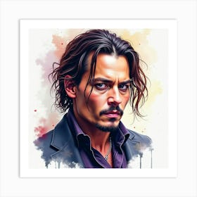 Vivid Watercolor Art Of Johnny Depp, Capturing His Mysterious, Deep Expression Art Print