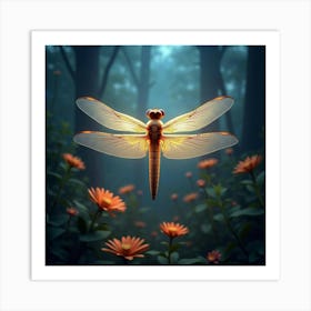 A Surreal Dragonfly With Translucent Wings Of Flowing Light Hovering Over A Cosmic Garden Art Print