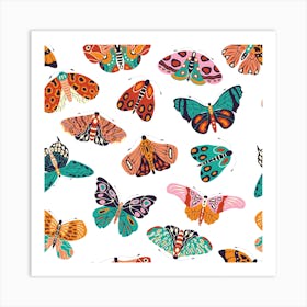 Colorful Hand Drawn Moths And Butterflies Pattern On White Square Art Print