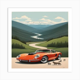 Red Car And Animals Art Print