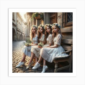 Three Girls Sitting On A Bench 3 Art Print