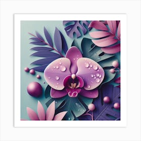 Scandinavian style, Purple orchid flower on tropical leaves Art Print