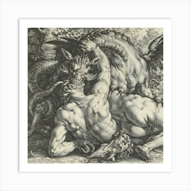 The Dragon Devouring the Companions of Cadmus - Engraving by Hendrick Goltzius in 1588 | Dark Gothic Mythological Art Print