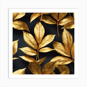 Gold Leaves On A Black Background 1 Art Print