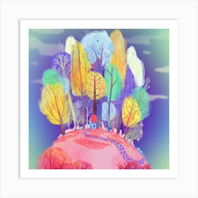 House On A Hill With Colorful Forest Art Print