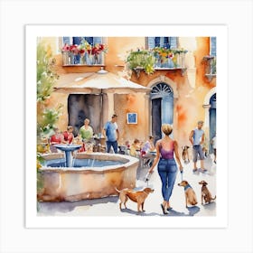 People And Dogs At The Fountain Art Print