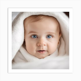 A Very Cute Little White Caucasian Baby Kid Wrapped In Soft White Blanket On A Bed Art Print