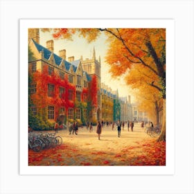 Autumn Campus Wall Print Art A Picturesque And Serene Scene Capturing The Beauty Of University Life In Autumn, Perfect For Adding Warmth And Inspiration To Any Educational Setting Art Print