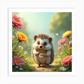 A Curious Hedgehog Wearing A Daisy Chain, Exploring A Whimsical Garden Of Oversized Blooms Art Print