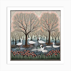 Swans In A Pond Art Print