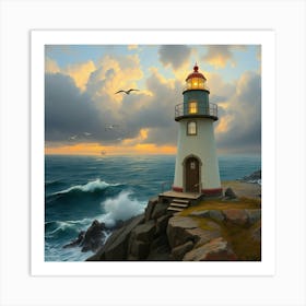 Flux Schnell Majestic Lighthouse On Rocky Cliff Crashing Waves 0 Art Print