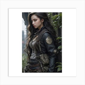 (1)The image depicts a young woman with long, dark hair, wearing a black leather jacket and holding a rifle. She is standing in front of a brick wall with ivy growing on it, and there are trees and bushes in the background. Art Print