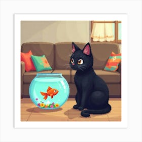 Cat And Fishbowl Art Print Funny (1) Art Print