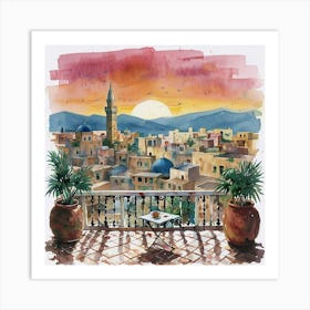 Watercolor Sunset Over Arabian City With Terrace And Minaret Art Print