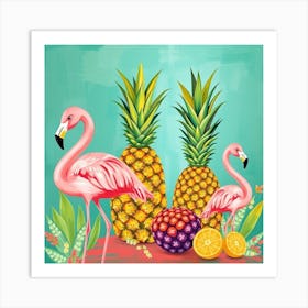 Flamingos And Pineapples Art Print