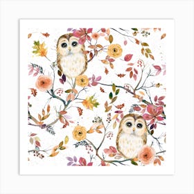Owls Tree Autumn Square Art Print