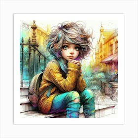 Little Girl Sitting On Steps 2 Art Print