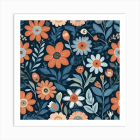 Folk Flowers Blue Art Print 0 Art Print