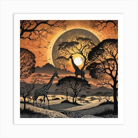 Giraffes At Sunset Art Print