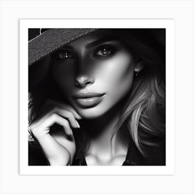 The Girl In The Hat 1/4 (beautiful female lady model black and white portrait close up face) Art Print