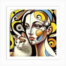 Abstract Cat And Woman Painting Art Print