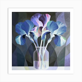 Blue Irises in Vase. Dark Blue Art Print