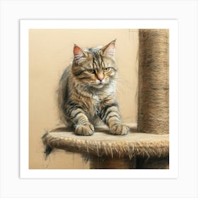 Cat On A Scratching Post Art Print