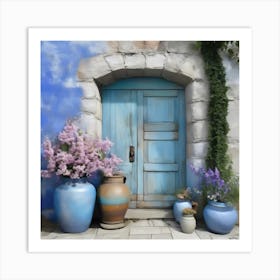 Blue wall. An old-style door in the middle, silver in color. There is a large pottery jar next to the door. There are flowers in the jar Spring oil colors. Wall painting.8 Art Print