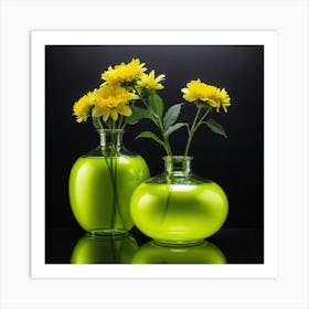 Yellow Flowers In Green Vases Art Print