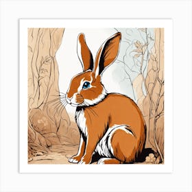 Dreamy Delights: Whimsical Art of a Brown Rabbit with Blue Eyes in its Burrow – A Playful Drawing Style for Children in Color Art Print