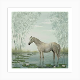 White Horse In Pond Art Print