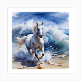 White Horse On The Beach With a Wave Art Print