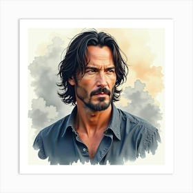 Watercolor Portrait Of Keanu Reeves Against A Backdrop Of Swirling Clouds Art Print