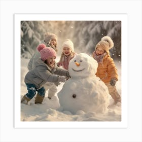 Children Playing With Snowman Art Print